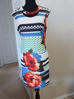 ECI White Midi Dress with Red Floral and Blue-Green Accents